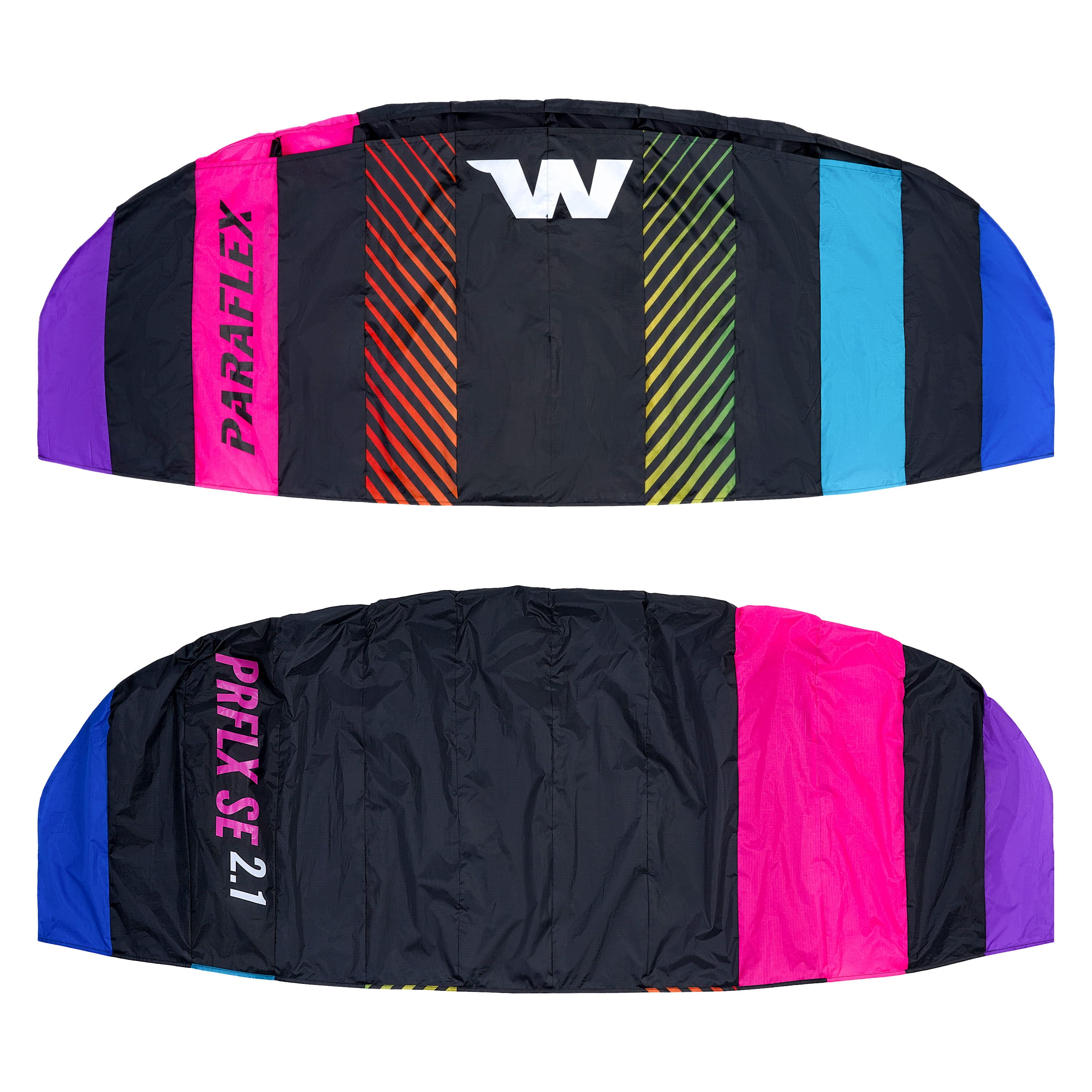 Wolkenstürmer stabiler Drachen ohne Stangen in mit 210cm Spannweite für Einsteiger hier kaufen! Schwarz-Regenbogen Lenkmatte SE 2.1 Vorderseite und Rückseite mit Wolkenstürmer Logo auf weißen Hintergrund