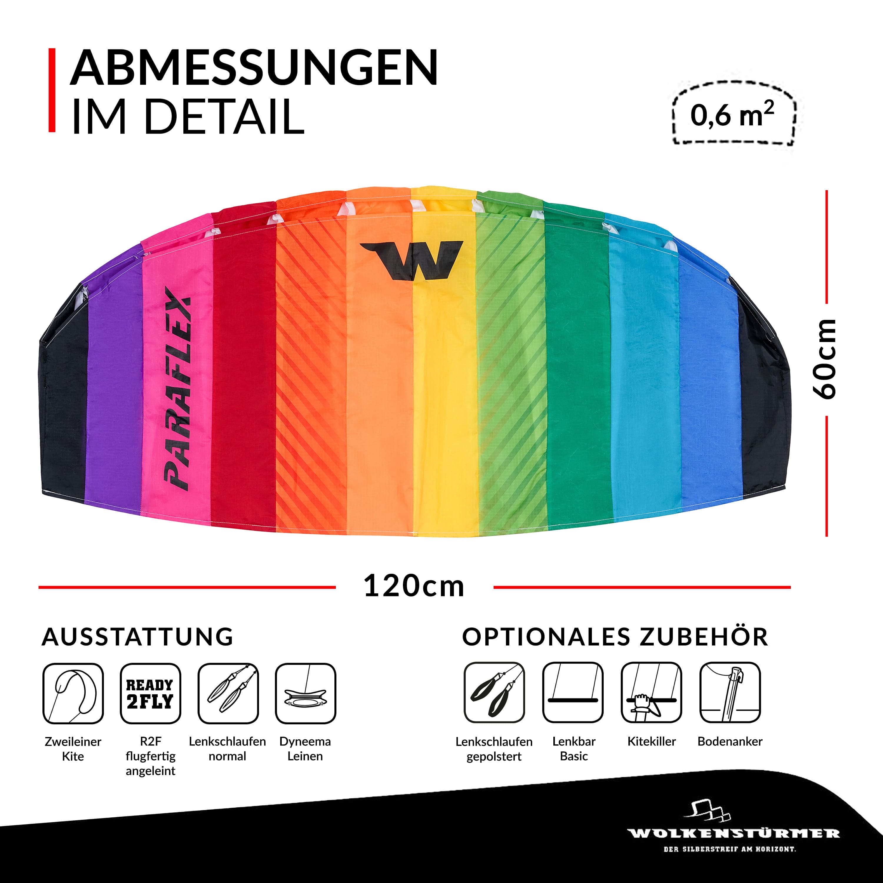 Lenkmatte Paraflex Basic 1.2 Regenbogen als Übersicht Wolkenstürmer Lenkmatte Paraflex Basic 1.2 als Grafik mit Maßangaben