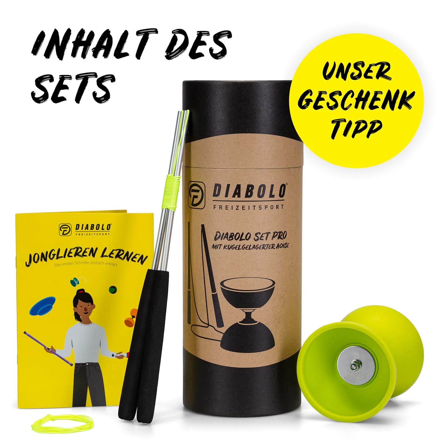 Diabolo Freizeitsport - Diabolo Set Pro Lime Setinhalt Diabolo Freizeitsport - Diabolo Set Pro Lime Setinhalt