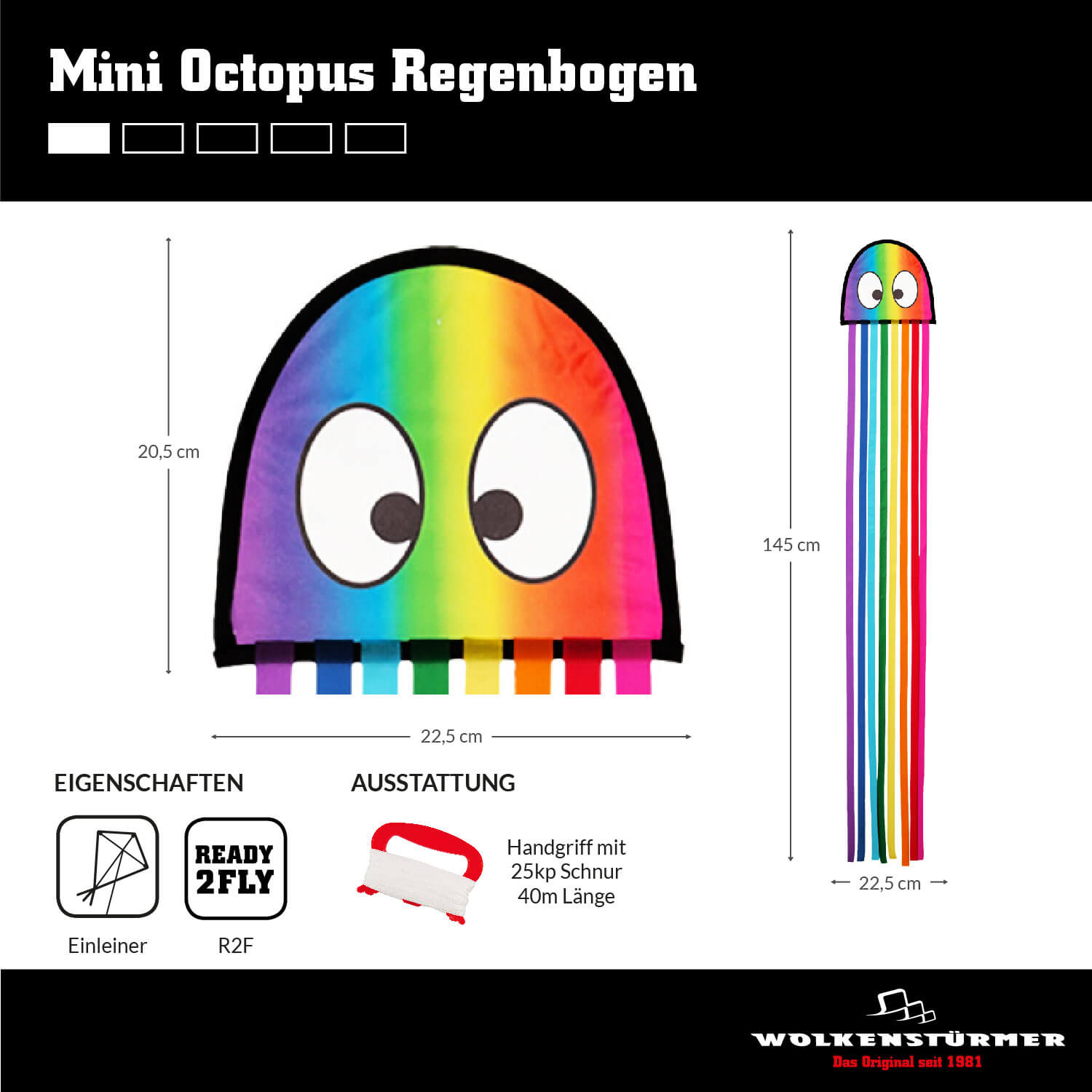 Wolkenstürmer - Kinderdrachen Mini Octopus Krake in Regenbogen Maße Wolkenstürmer - Kinderdrachen Mini Octopus Krake in Regenbogen Maße