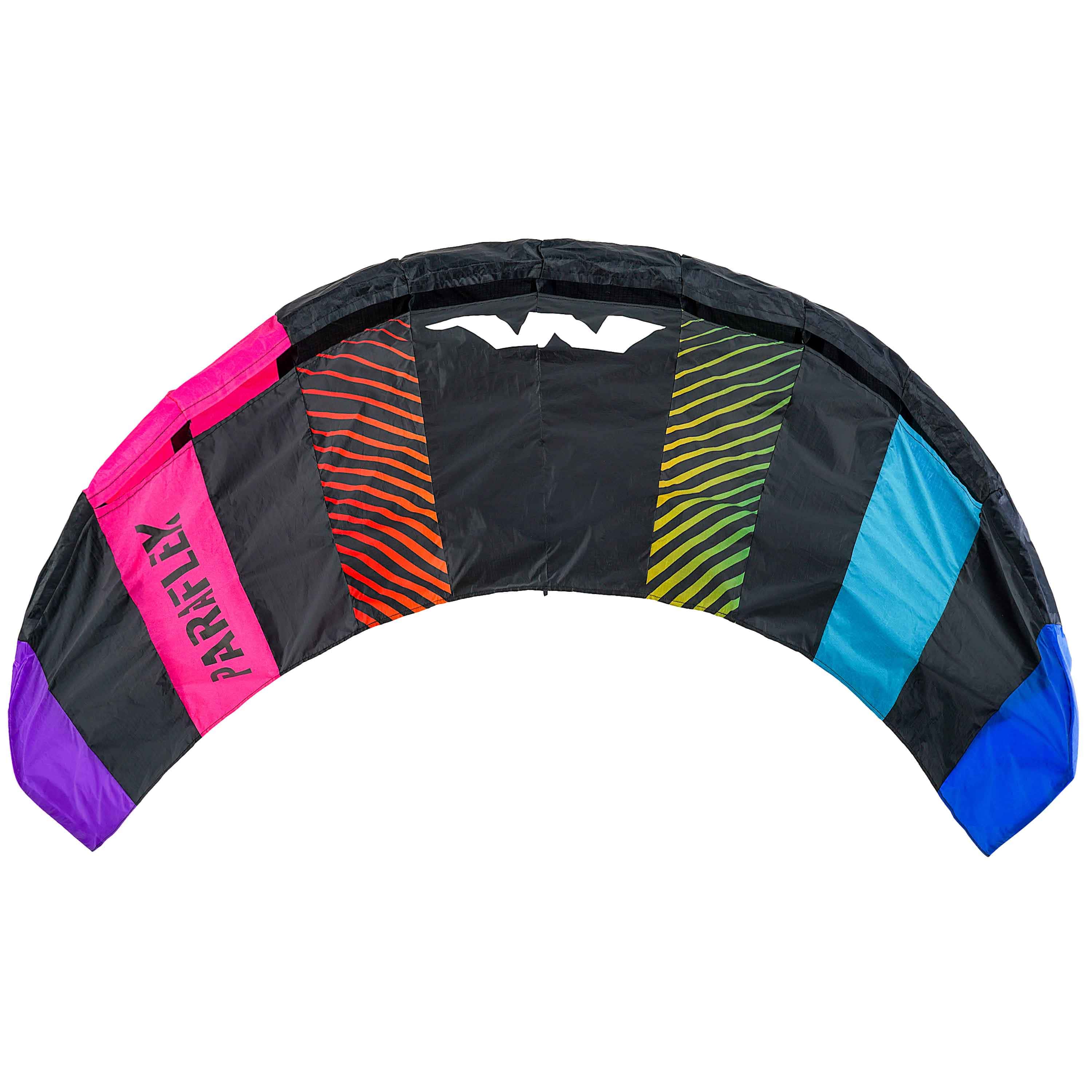 Wolkenstürmer Lenkmatten an zwei Leinen mit Flugschlaufen und Bar in Schwarz-Regenbogen für Juegndliche online kaufen! Große Wolkenstürmer Lenkmatte mit schwarzen und farbigen Kammern