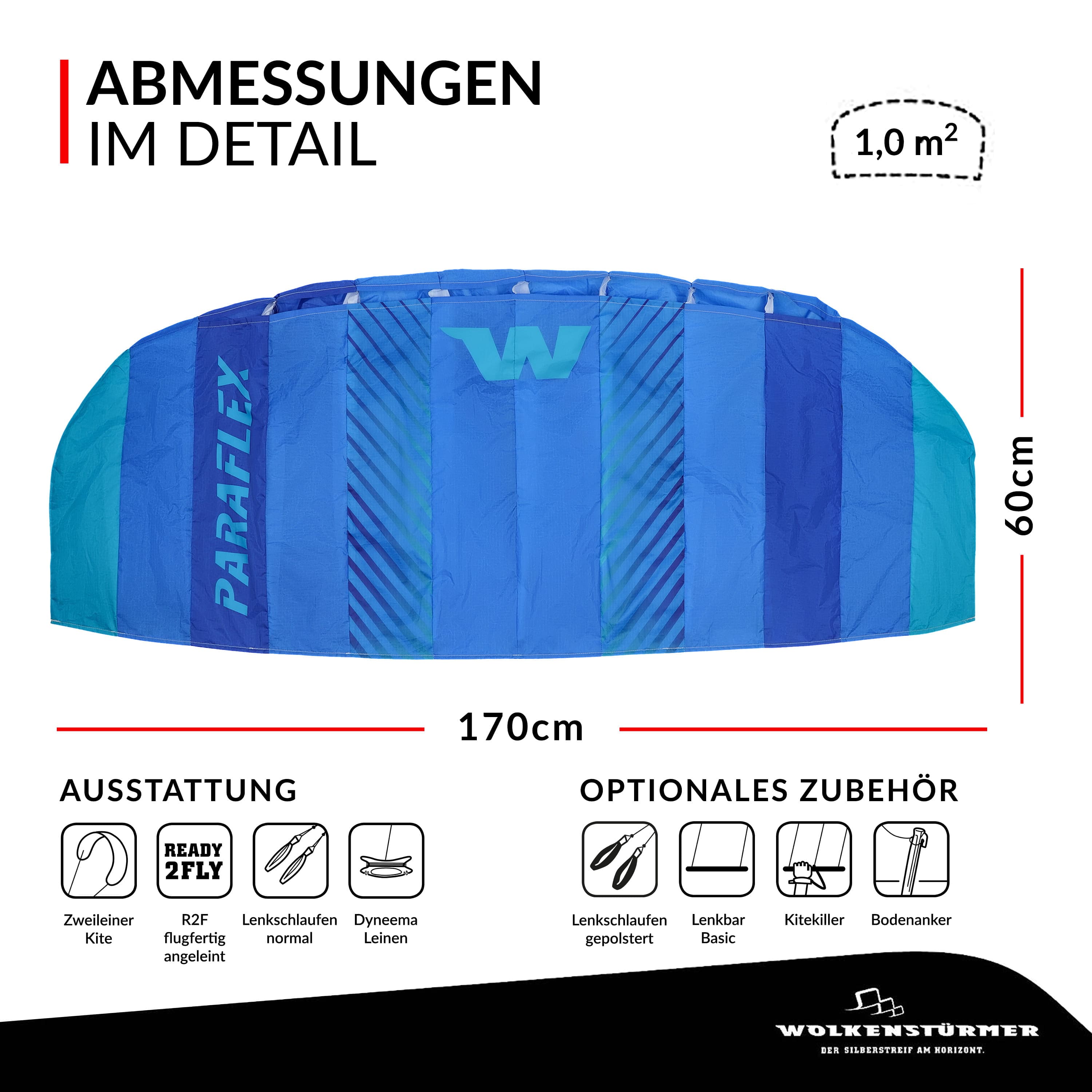 Wolkenstürmer Paraflex Basic 1.7 Blau-Türkis als Übersicht Wolkenstürmer Lenkmatte Paraflex Basic 1.7 blau türkis als Grafik mit Maßangaben