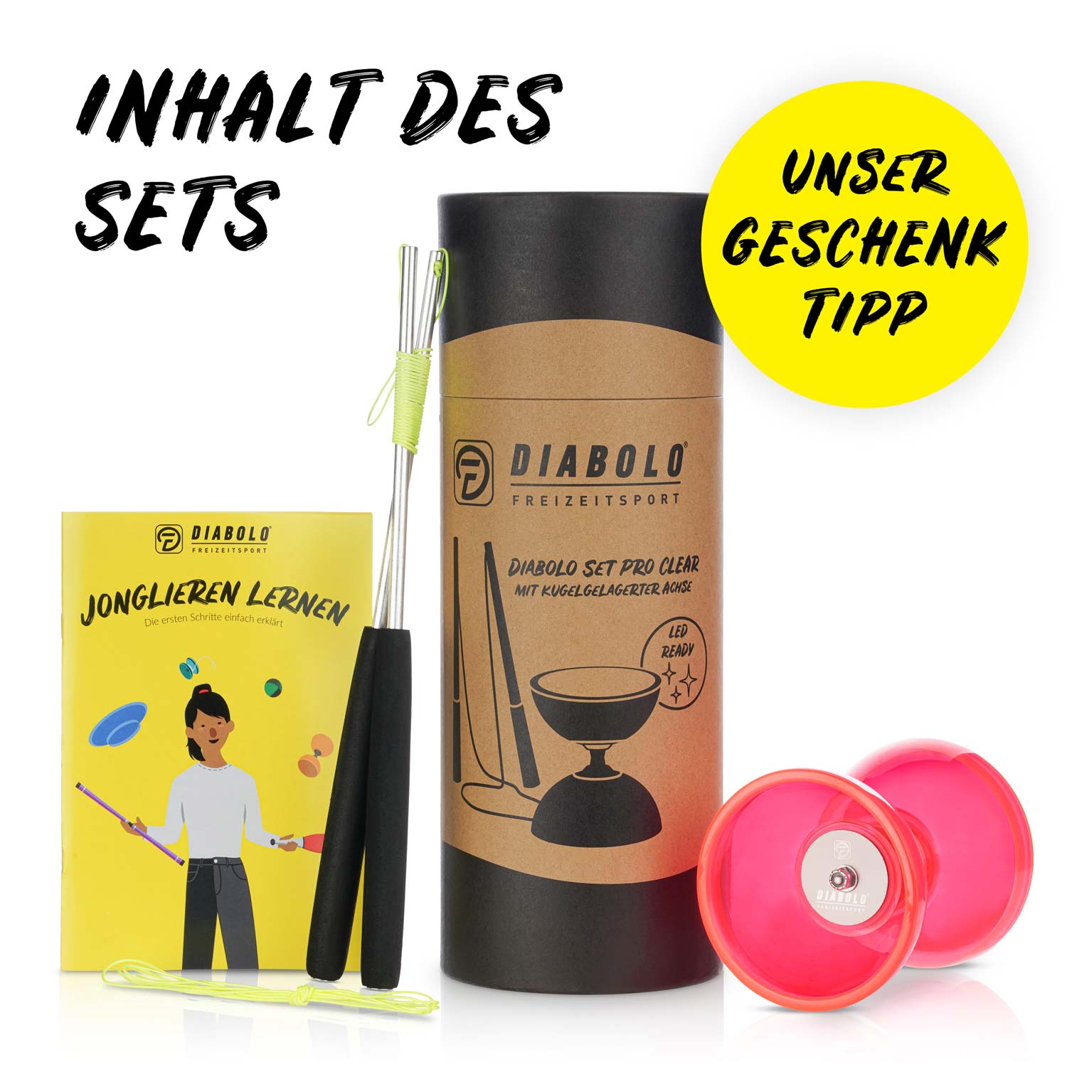 Diabolo Freizeitsport - Diabolo Set Pro Clear Set Rot Inhalt Diabolo Freizeitsport - Diabolo Set Pro Clear Set Rot Inhalt