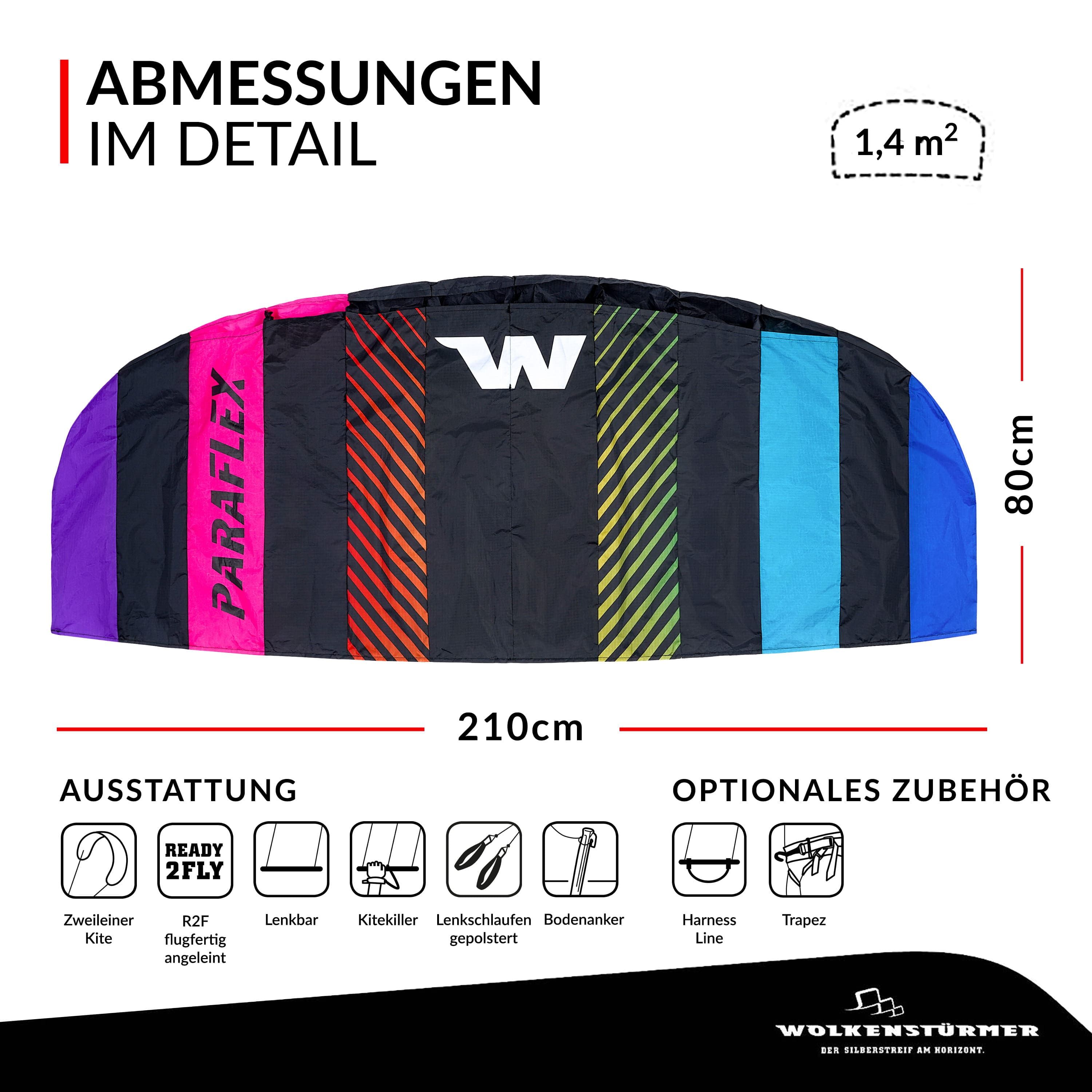 Wolkenstürmer Paraflex SE 2.1 schwarz-regenbogen als Übersicht Wolkenstürmer Lenkmatte Paraflex 2.1 SE schwarz-regenbogen als Grafik mit Maßangaben