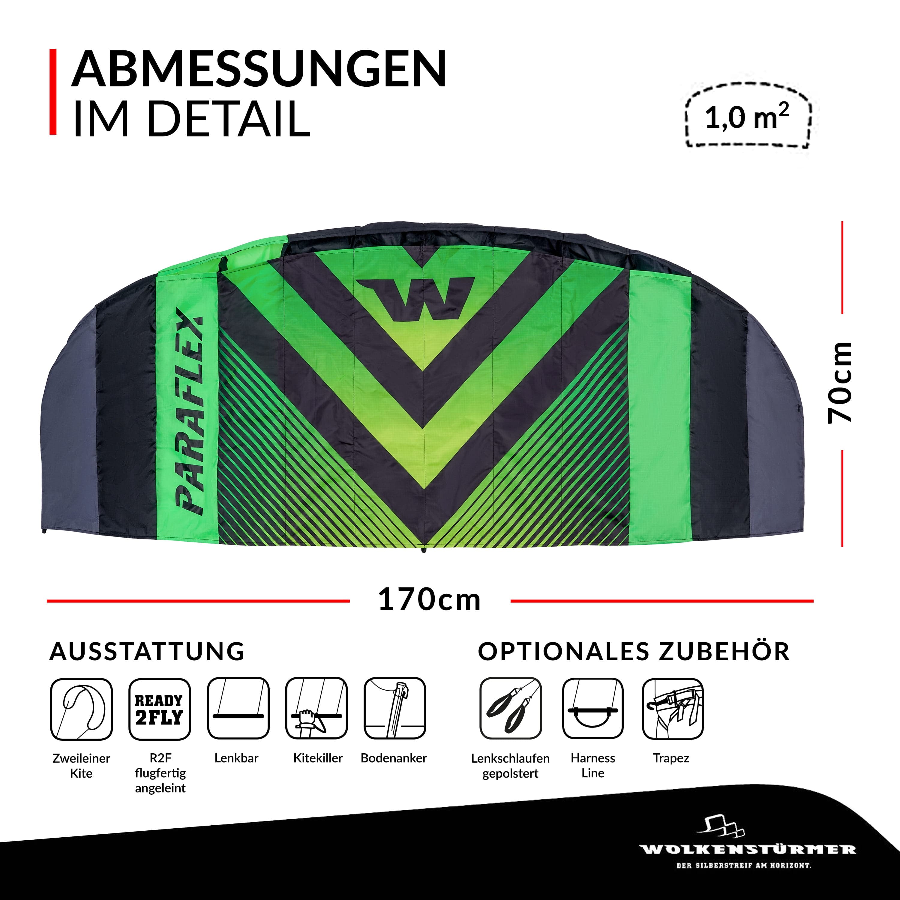 Wolkenstürmer Paraflex Sport 1.7 schwarz-grün als Übersicht Wolkenstürmer Lenkmatte Paraflex Sport 1.7 schwarz-grün als Grafik mit Maßangaben