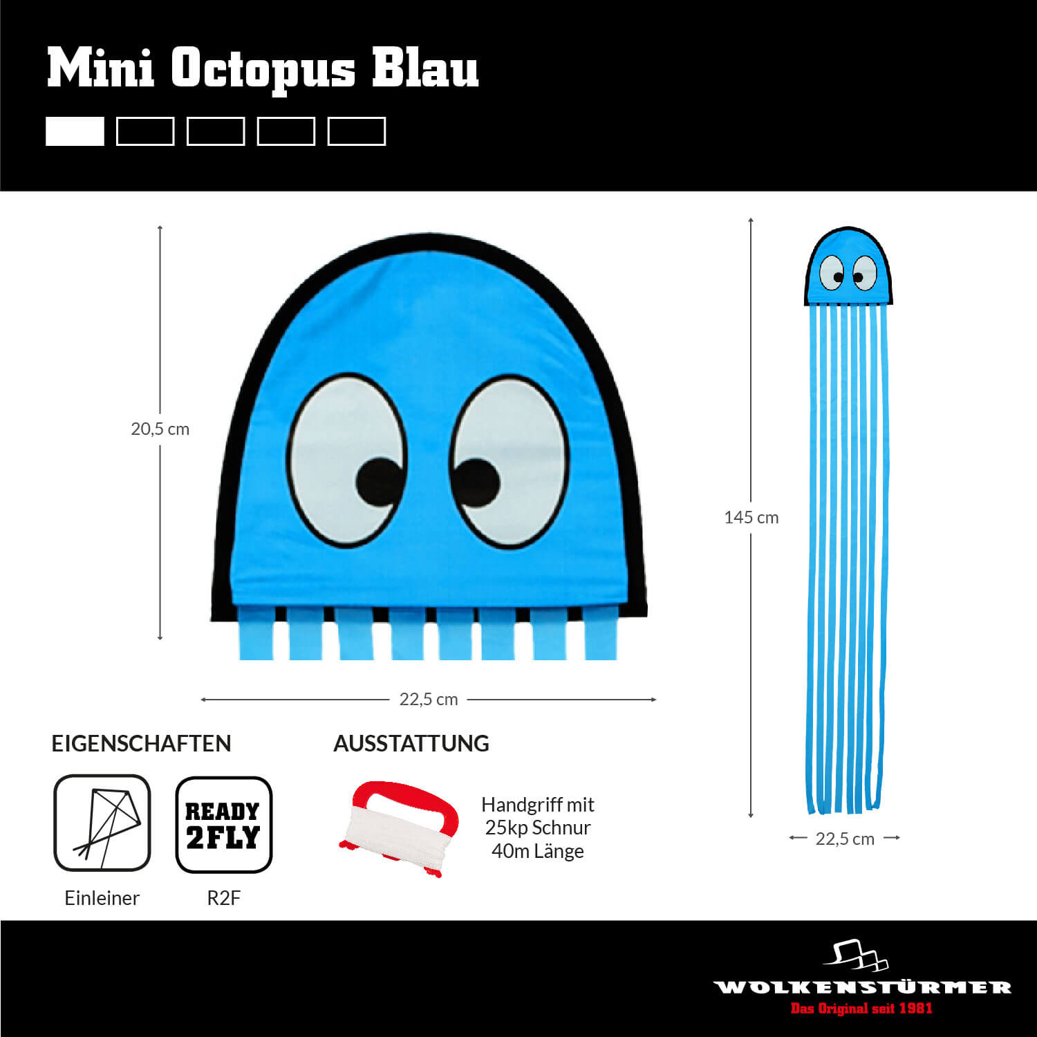 Wolkenstürmer - Kinderdrachen Mini Octopus Krake in Blau Maße Wolkenstürmer - Kinderdrachen Mini Octopus Krake in Blau Maße
