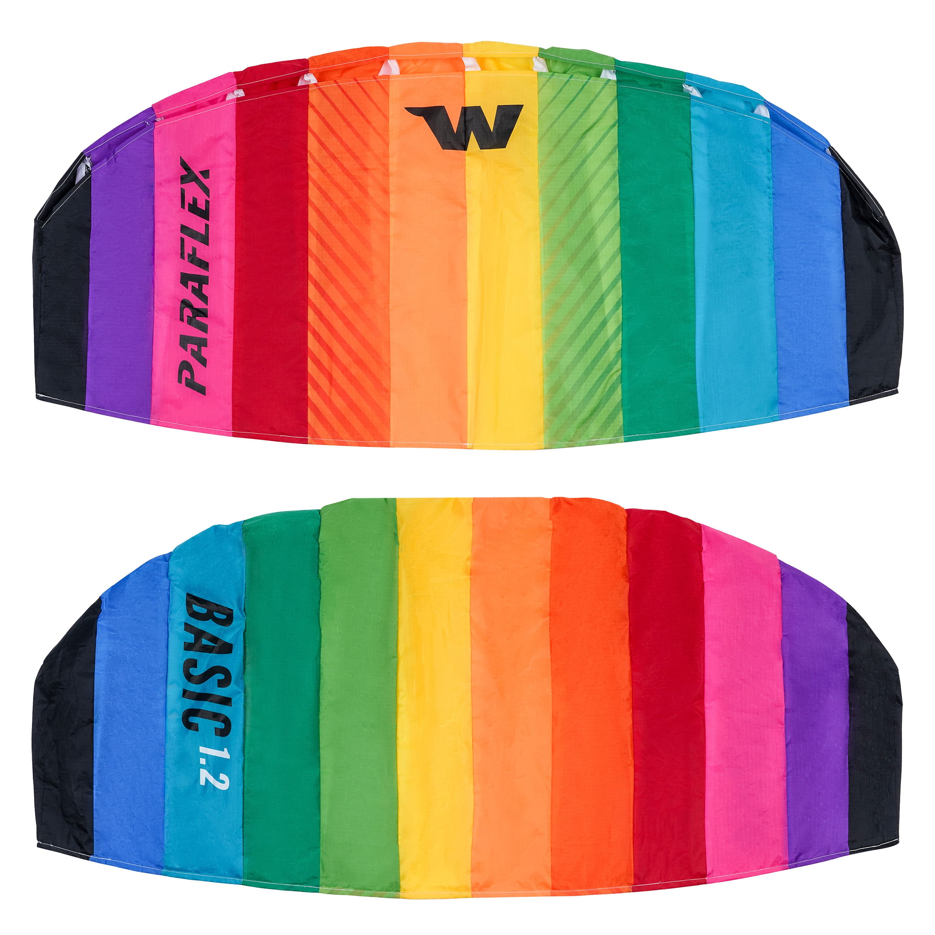 Wolkenstürmer stabiler Kinderlenkdrachen ohne Stangen in bunten Farben für Jungen und Mädchen bei Diabolo Freizeitsport kaufen! Regenbogenfarbene Lenkmatte Vorderseite und Rückseite freigestellt
